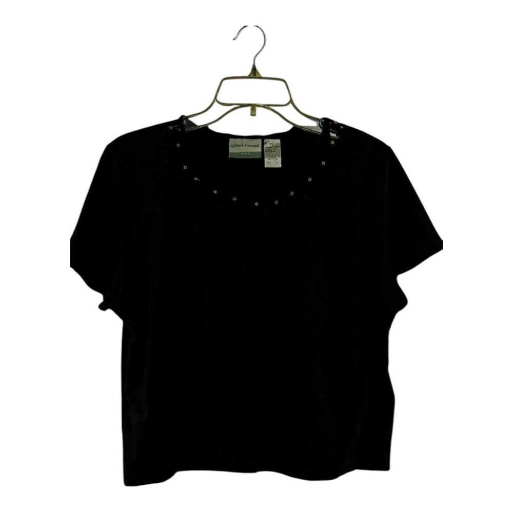 Alfred Dunner Petite XL Women’s Black Short Sleeve Top – Lattice Collar with Woo